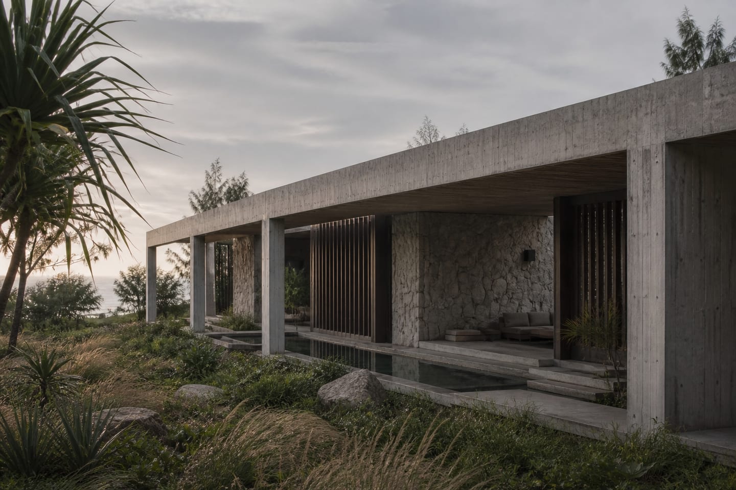Low concrete coastal residence behind wind-shaped trees in soft morning light