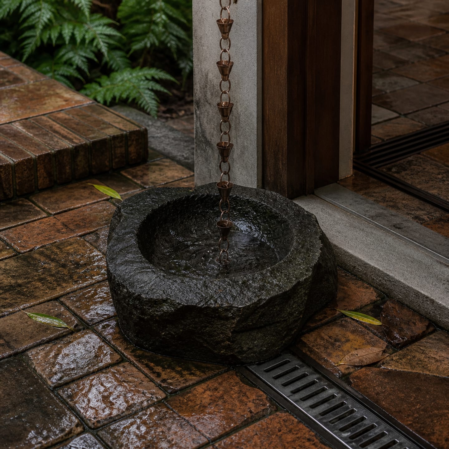Rain chain dropping into a hand-cut stone basin among wet terracotta pavers