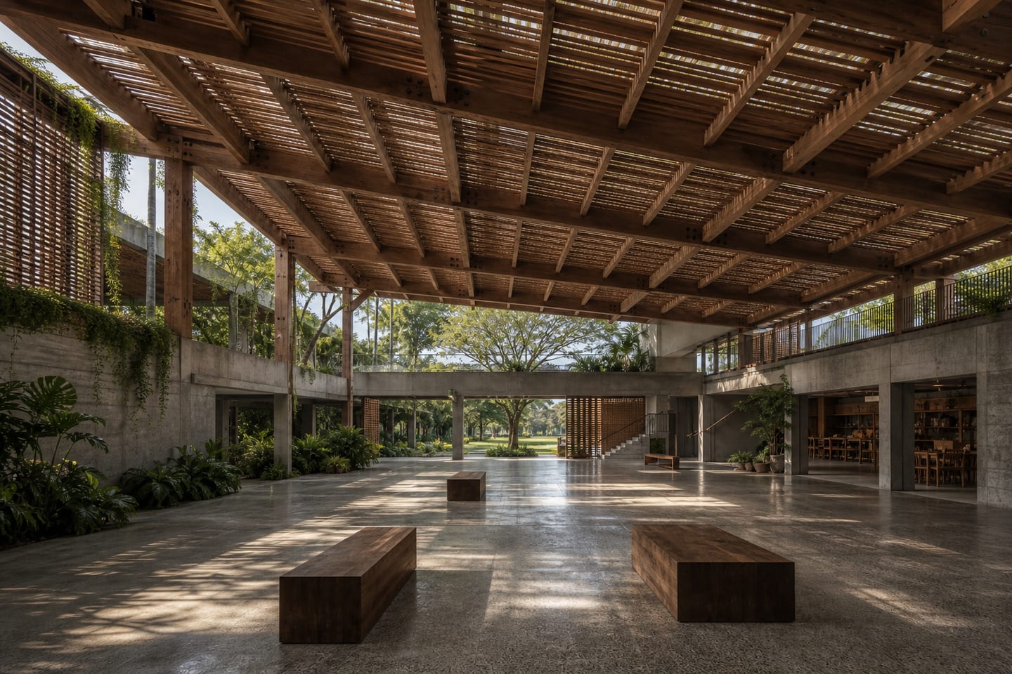 Open civic hall beneath a deep timber lattice roof with gardens at its edges