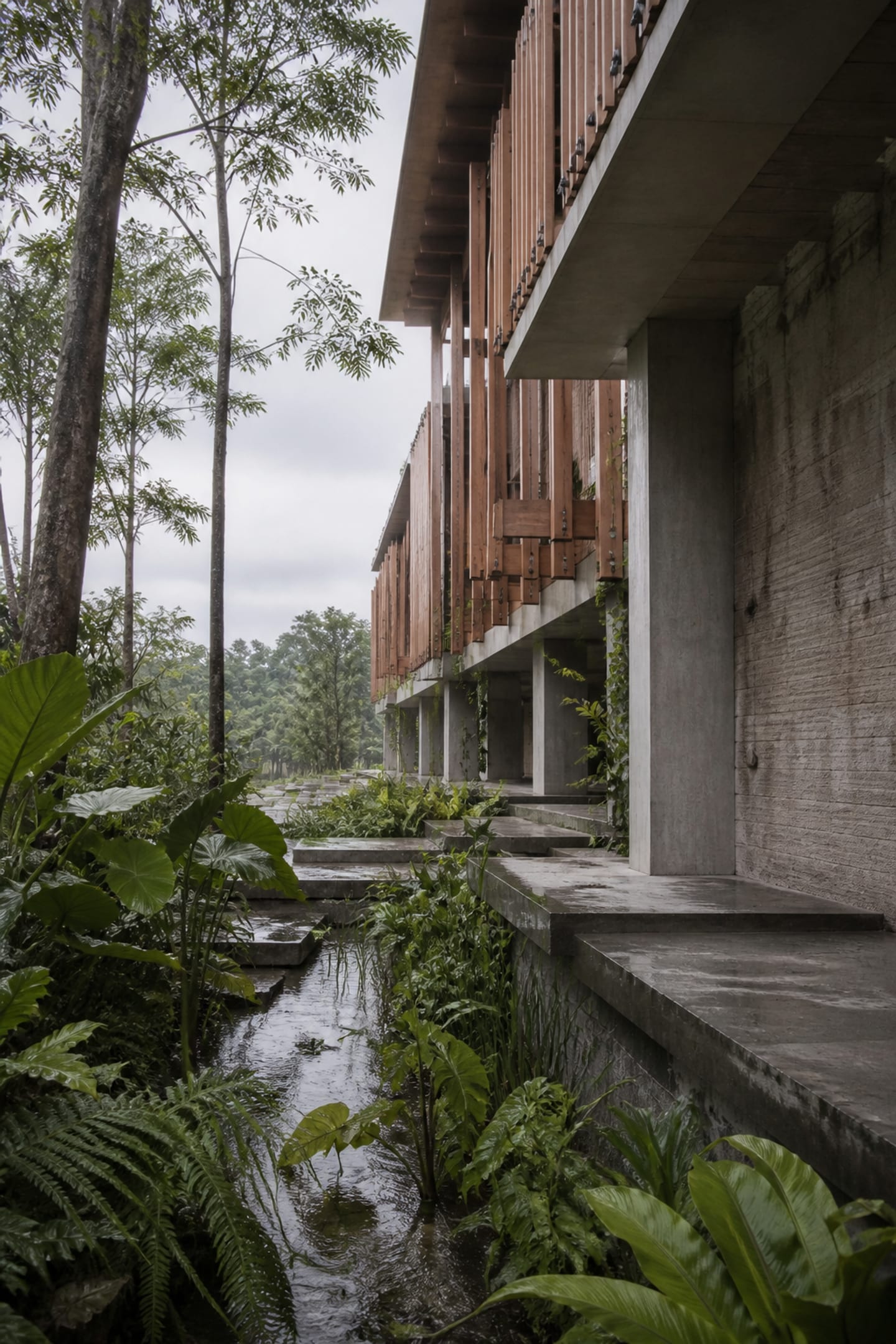Rain garden terraces beside recycled concrete walls and an elevated timber gallery