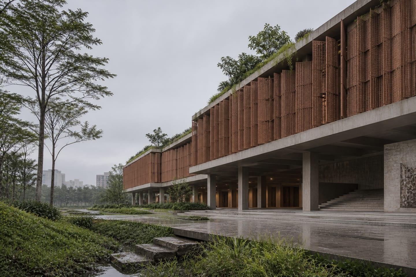 Porous timber cultural center canopy floating above a tropical civic garden