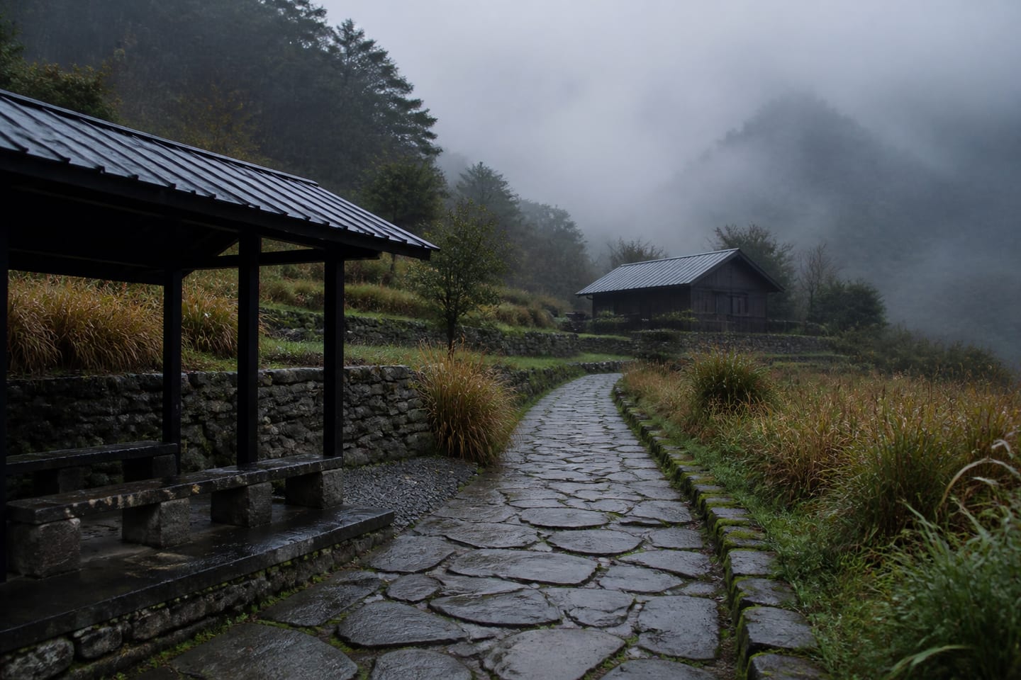Long stone path approaching a timber pavilion through pale mountain mist