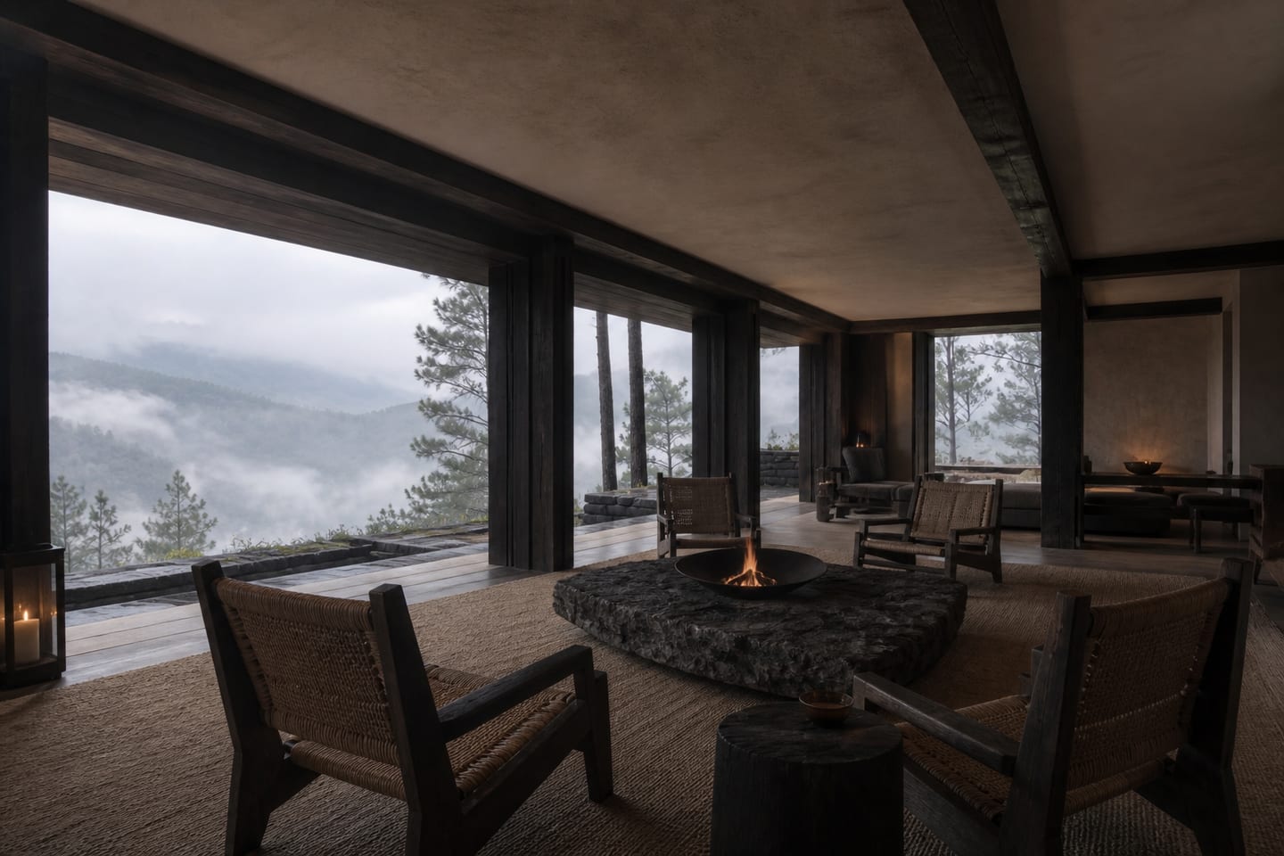 Warm communal room with a central hearth overlooking a fog-softened valley