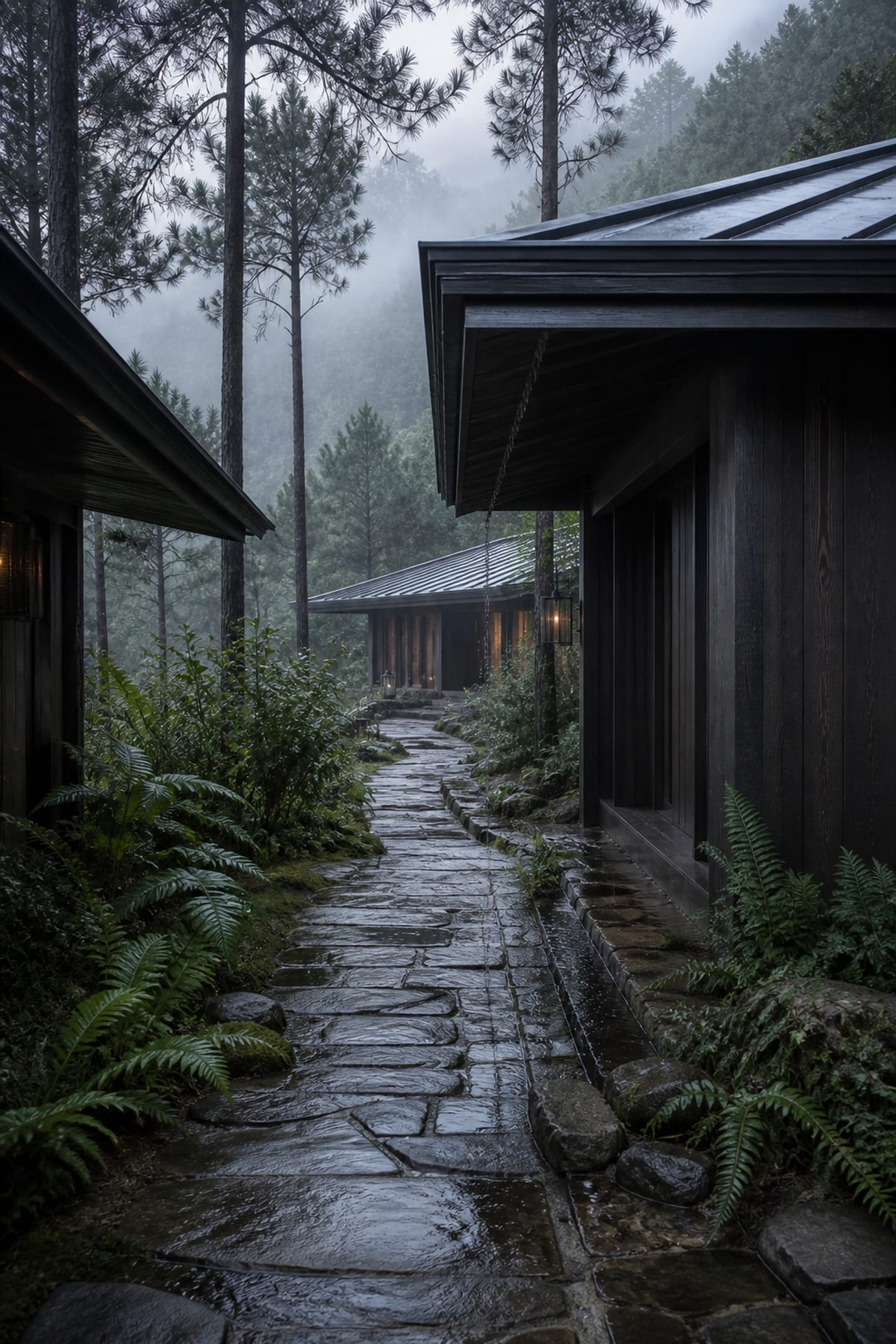 Stone contour path between charred timber guest pavilions after mountain rain
