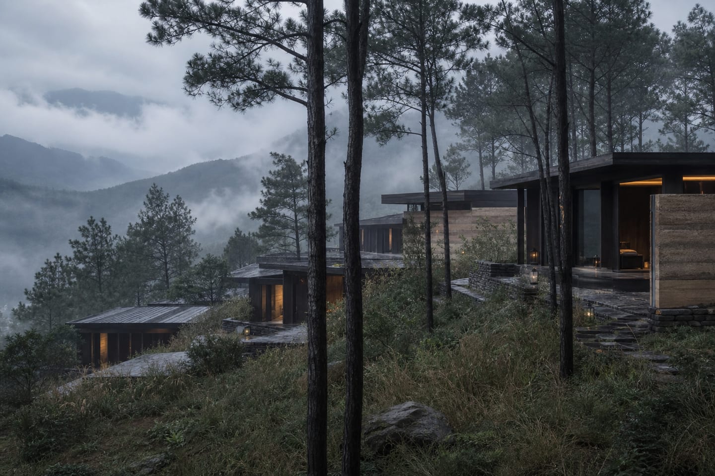 Timber mountain retreat pavilions stepping across a misty planted terrace