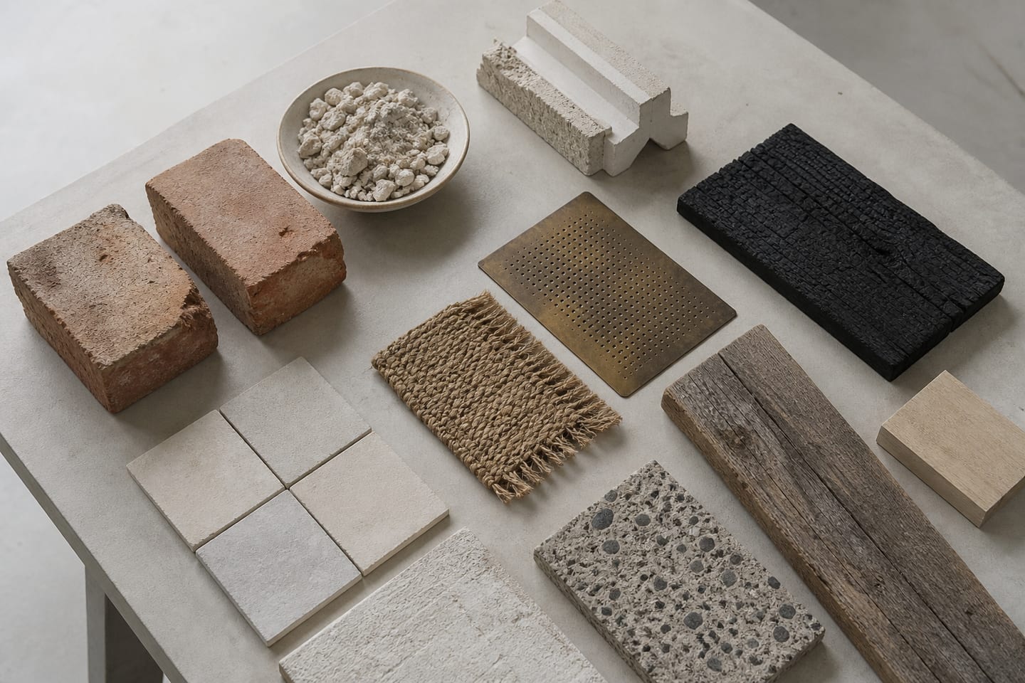 Clay, lime plaster, timber, stone, and woven fiber samples arranged on a studio table