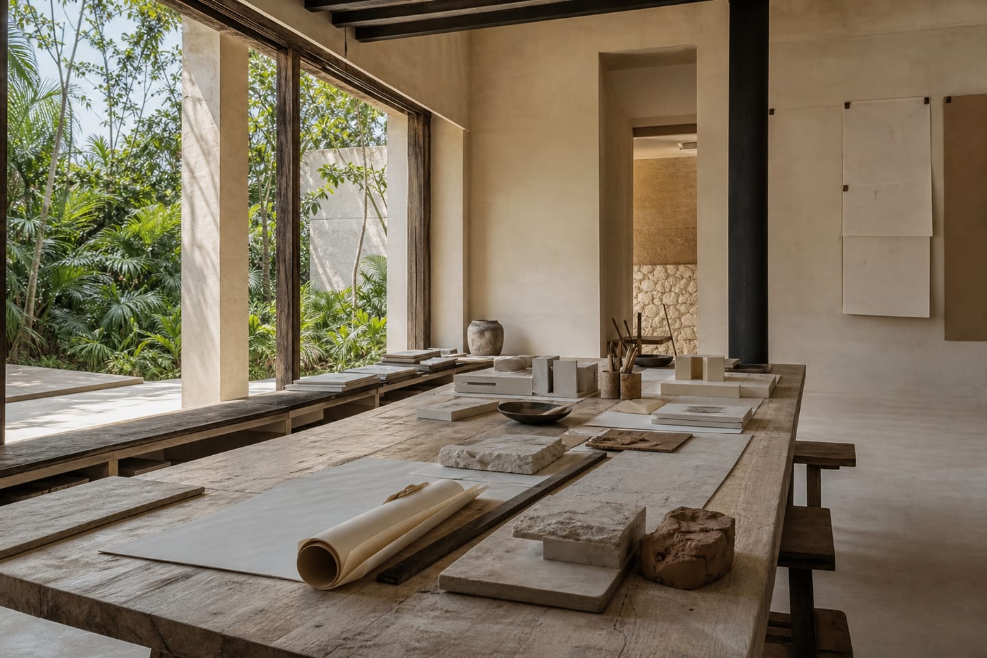 Sunlit architecture studio table with models, drawings, and material samples